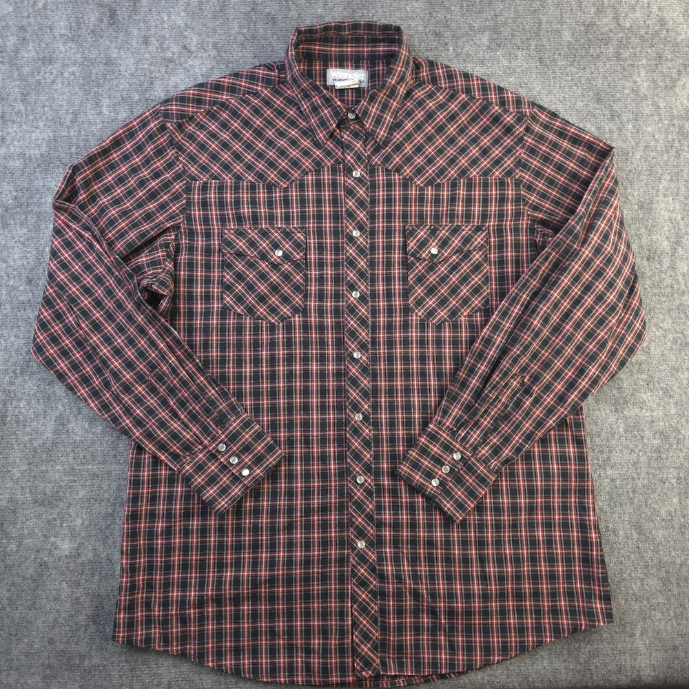 Wrangler Wrancher Shirt XL Tall XLT Pearl Snap Long Sleeve Red Black Check